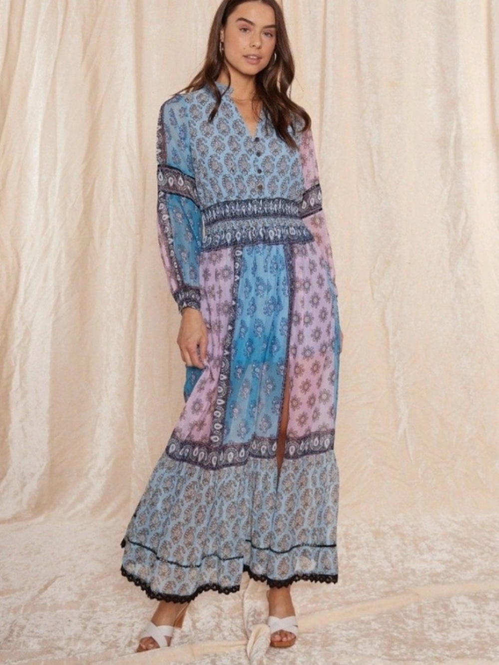 NWT RAGA Mixed Blue and Lavender Patchwork Maxi Dress S